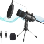 USB Microphone, Professional Condenser Computer PC Mic with Tripod Stand, Pop Filter, Shock Mount for Gaming, Streaming, Podcasting, YouTube, Voice Over, Skype, Twitch, Compatible with Laptop Desktop